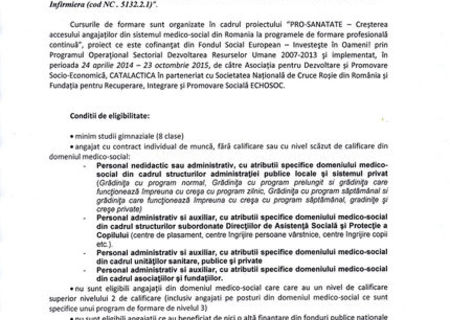 Anunţ privind derularea cursului gratuit de formare profesională   “Infirmiera (cod NC . 5132.2.1)”