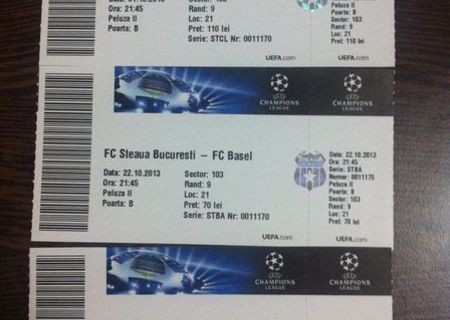 Bilete Steaua UCL. Chelsea, Basel, Schalke 04. Toate in Peluza II, Poarta B, Inel 1, RANDUL 9 ( se vede foarte bine ) . 620 lei, usor NEGOCIABIL