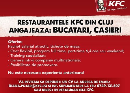 Restaurantele KFC angajeaza Bucatari si Casieri !