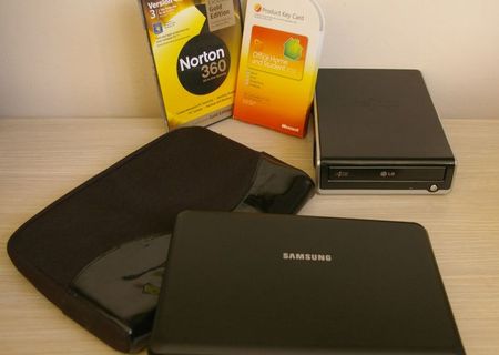 Samsung N130, aspect si functionare impecabile, toate accesoriile originale + Windows XP si Office 2010 cu licenta + Husa originala + LG External Super Multi DVD Rewriter GE20NU11