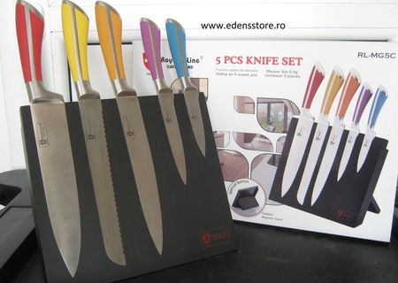 set 5 cutite din inox pe suport magnetic.cutitele au manerele colorate