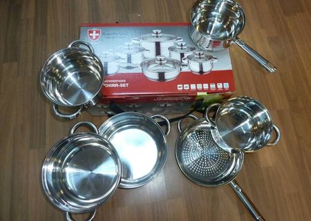 Set 6 vase de inox cu capac de sticla si maner metalic