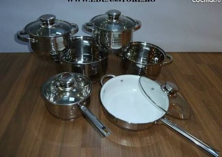 Set vase inox 12 pcs cu tigaie ceramica