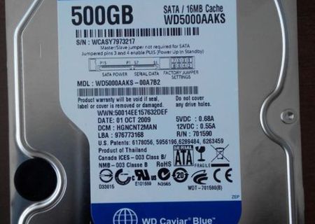 Vand Hard Disk WD caviar Blue 500GB, 7200rpm, 16MB cache, SATA, Foarte putin folosit